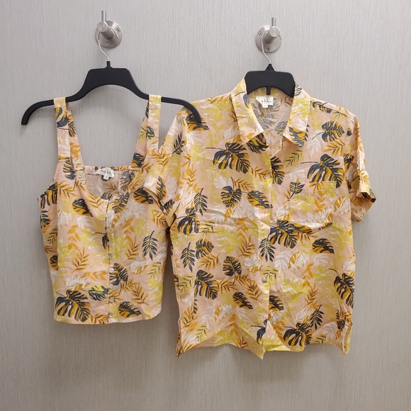 3 Piece Linen Set Matching Pants Tank Collared Shirt NWOT Floral Nicole Miller - Picture 2 of 10